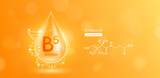 Drop water serum solution vitamin B5 or Pantothenic acid surrounded by DNA and chemical structure. Vitamins complex with molecule atom from nature orange. Nutrition skin care cosmetics banner. Vector.