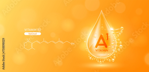 Drop water serum solution vitamin A1 or Vetinol surrounded by DNA and chemical structure. Vitamins complex with molecule atom from nature orange. Nutrition skin care cosmetics banner. Vector.