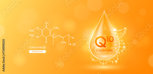 Drop water serum solution coenzyme Q10 or Ubiquinol surrounded by DNA and chemical structure. Vitamins complex with molecule atom from nature orange. Nutrition skin care cosmetics banner. Vector. photo
