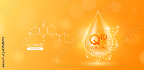 Drop water serum solution coenzyme Q10 or Ubiquinol surrounded by DNA and chemical structure. Vitamins complex with molecule atom from nature orange. Nutrition skin care cosmetics banner. Vector.