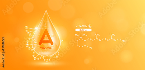 Drop water serum solution vitamin A or Retinol surrounded by DNA and chemical structure. Vitamins complex with molecule atom from nature orange. Nutrition skin care cosmetics banner. Vector.