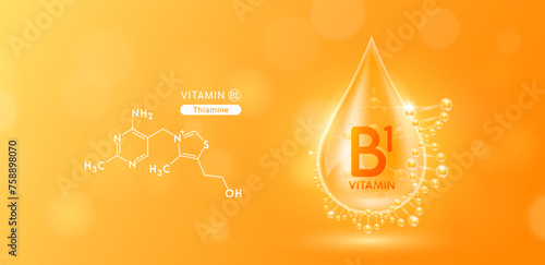Drop water serum solution vitamin B1 or Thiamine surrounded by DNA and chemical structure. Vitamins complex with molecule atom from nature orange. Nutrition skin care cosmetics banner. Vector.
