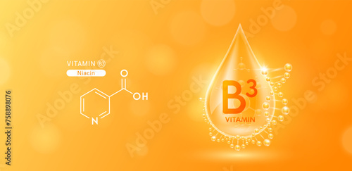 Drop water serum solution vitamin B3 or Niacin surrounded by DNA and chemical structure. Vitamins complex with molecule atom from nature orange. Nutrition skin care cosmetics banner. Vector.