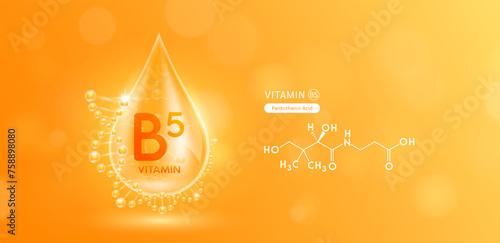 Drop water serum solution vitamin B5 or Pantothenic acid surrounded by DNA and chemical structure. Vitamins complex with molecule atom from nature orange. Nutrition skin care cosmetics banner. Vector. photo
