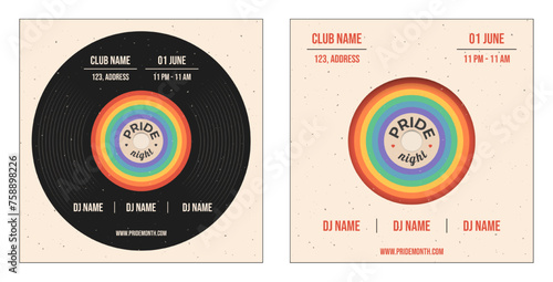 Invitation templates for Pride month party. Vector illustrations with retro record and LGBT rainbow color flag.