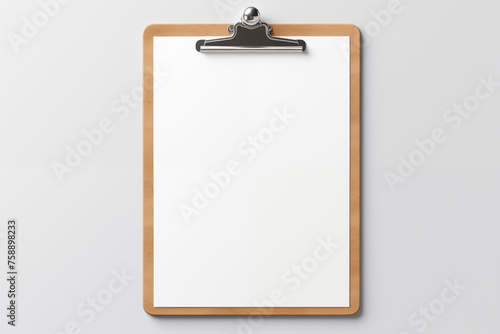 wooden clipboard with blank a4 paper mockup template, isolated on grey background