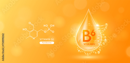 Drop water serum solution vitamin B6 or Pyridoxine surrounded by DNA and chemical structure. Vitamins complex with molecule atom from nature orange. Nutrition skin care cosmetics banner. Vector.