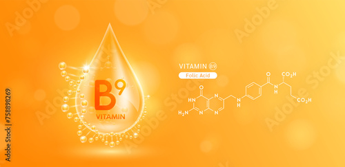 Drop water serum solution vitamin B9 or Folic Acid surrounded by DNA and chemical structure. Vitamins complex with molecule atom from nature orange. Nutrition skin care cosmetics banner. Vector.