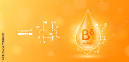 Drop water serum solution vitamin B8 or Inositol surrounded by DNA and chemical structure. Vitamins complex with molecule atom from nature orange. Nutrition skin care cosmetics banner. Vector.