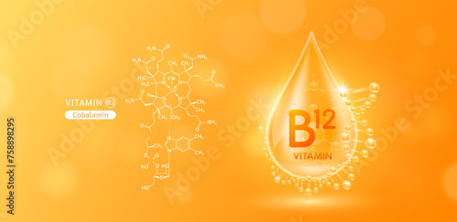 Drop water serum solution vitamin B12 or Cobalamin surrounded by DNA and chemical structure. Vitamins complex with molecule atom from nature orange. Nutrition skin care cosmetics banner. Vector.