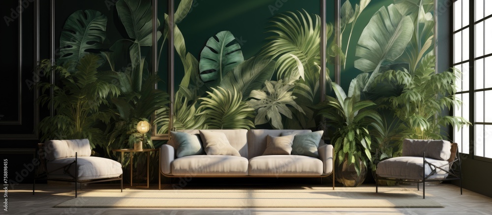 Interior design with tropical leaves