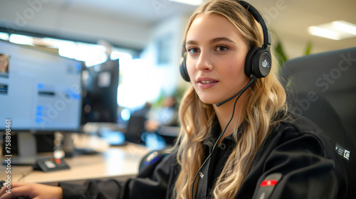 A young blonde woman in a black uniform with headphones sits at a computer photo