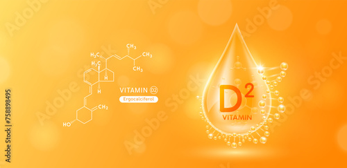 Drop water serum solution vitamin D2 or Ergocalciferol surrounded by DNA and chemical structure. Vitamins complex with molecule atom from nature orange. Nutrition skin care cosmetics banner. Vector. photo