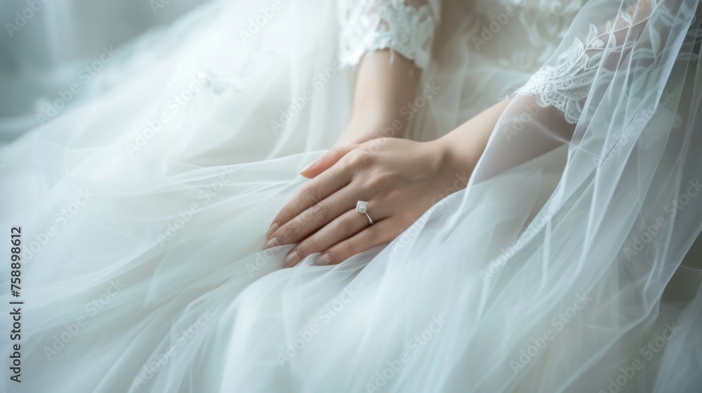 Bridal Hands Clasped in Anticipation. Gently folded arms adorned with a wedding ring, the bride's gown flowing in soft focus. Panorama with copy space. Bridal Hands Clasped in Anticipation. Gently folded arms adorned with a wedding ring, the bride's gown flowing in soft focus. Panorama with copy space.