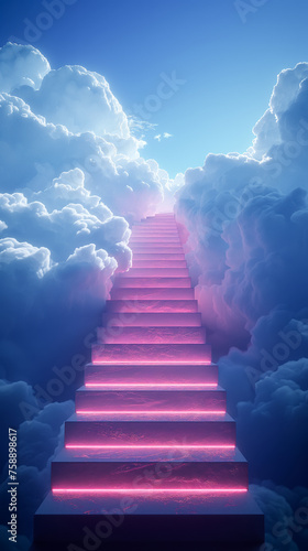 Neon lit stairs ascend through clouds, offering a path to transcendence