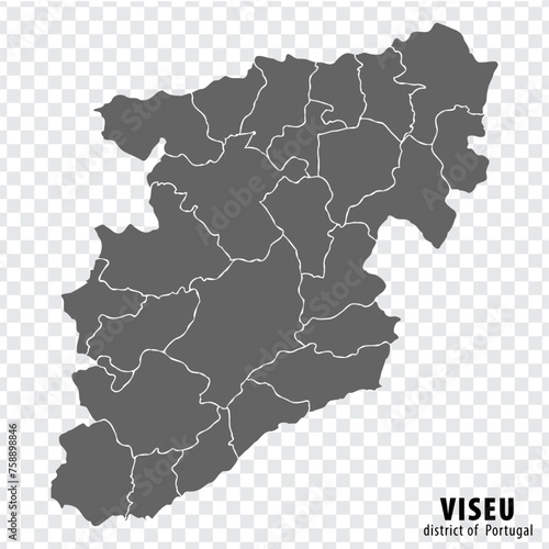 Map Viseu  District on transparent background. Viseu District  map with  municipalities in gray for your web site design, logo, app, UI. Portugal. EPS10. photo