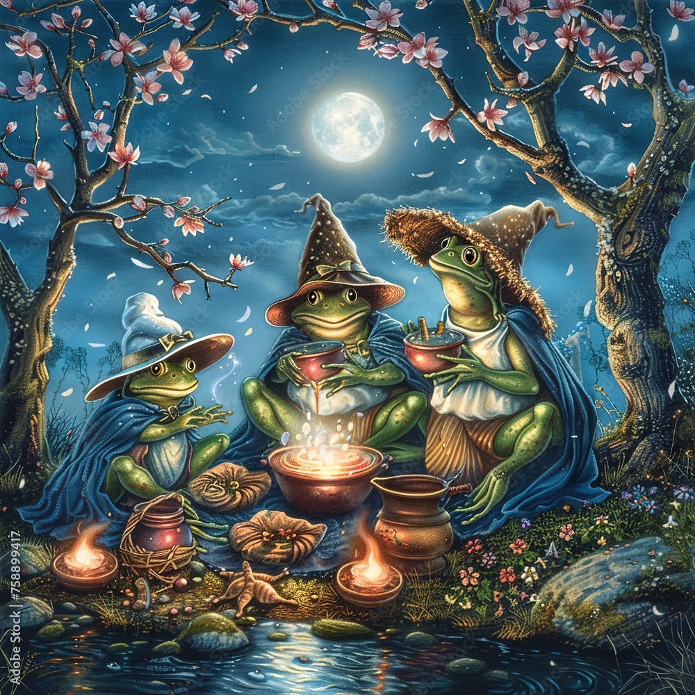 Moonlit Magic: Frogs Concocting a Bewitching Brew