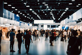 Exhibition event hall blur background of trade show business world or international expo showcase tech fair with blurry exhibitor tradeshow booth displaying product with people crowd stock 