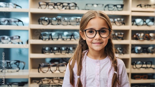 Happy kid girl chooses glasses in an optics store. Vision care concept. photo