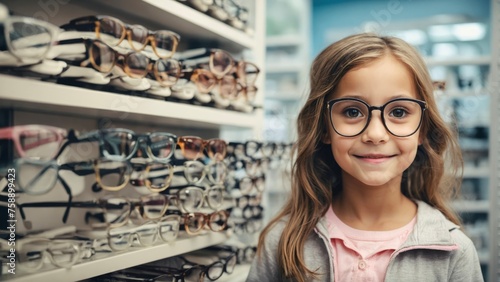 Glad child girl in glasses in optics salon photo