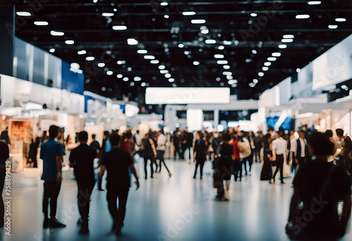 Exhibition event hall blur background of trade show business world or international expo showcase tech fair with blurry exhibitor tradeshow booth displaying product with people crowd stock  photo