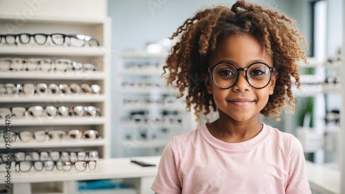 Glad African American child girl in glasses in optics salon photo