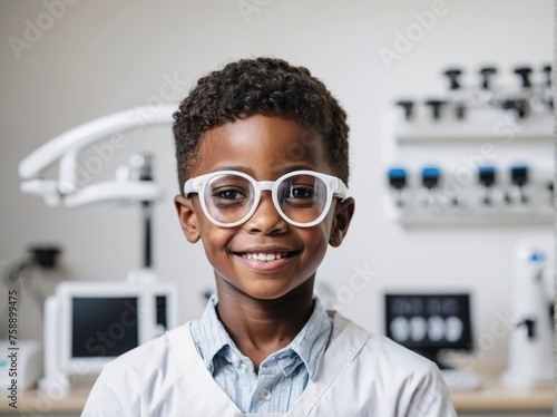 Portrait happy little African American boy patient ophthalmology clinic, vision test in progress cheerful child trying on trial frames during an optometric examination for accurate eyeglass fitting