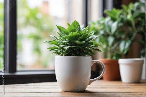 Blank coffee cup mug mockup template. White blank coffee mug on the top of wooden table and blurred interior with potted green plant background. 