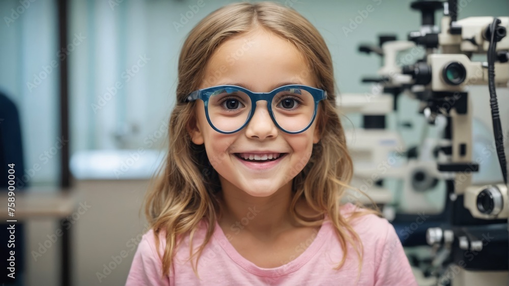 Portrait happy little girl patient ophthalmology clinic, vision test in progress cheerful child trying on trial frames during an optometric examination for accurate eyeglass fitting Portrait happy little girl patient ophthalmology clinic, vision test in progress cheerful child trying on trial frames during an optometric examination for accurate eyeglass fitting