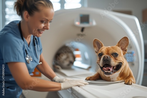 woman veterinarian trying to scan a smiling dog on the CT scanner, veterinary clinic, copy space for text. Vet CT scan for pet. Concept veterinary and animal care. World Veterinary Day