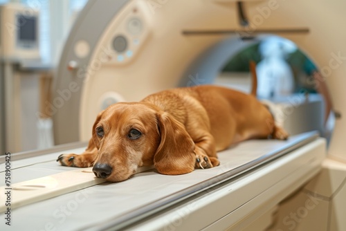 dachshund ginger dog lying on an MRI table in a veterinary clinic, copy space for text. Vet CT scan for pet. Concept veterinary and animal care. 