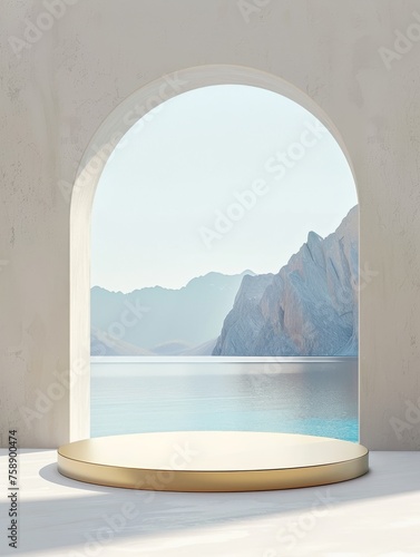 Empty product podium with gold arch, elegant curve, minimal style, set against a serene mountain landscape