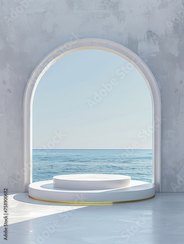 Empty product podium with gold arch  elegant curve  minimal style  set against a serene ocean landscape