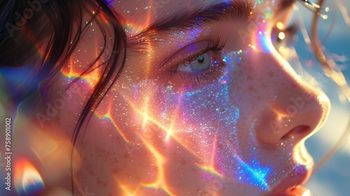 Close-up portrait of a beautiful girl with bright glowing makeup and with sparkles on her face