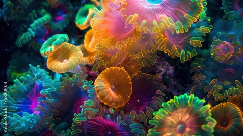 Vibrant Fluorescent Flowering Coral. Extreme Close-Up of Underwater Nightlife.
