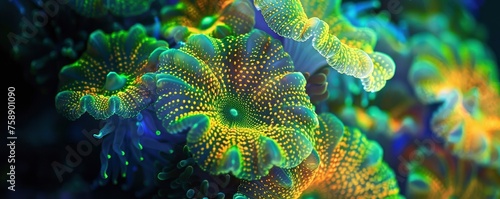 Vibrant Fluorescent Flowering Coral. Extreme Close-Up of Underwater Nightlife. © EMRAN
