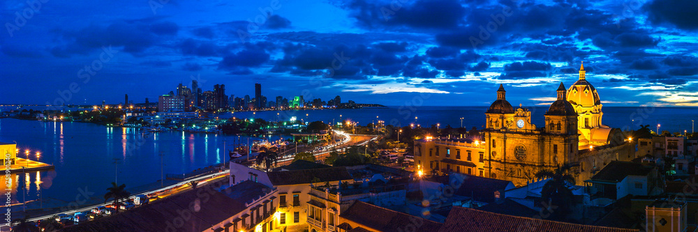 Panoramic night view of the Historic Center of Cartagena Colombia