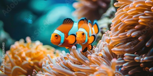 Clown fish swim along the anemones on the reef of the sea