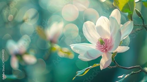 Cheerful Magnolia Blossoms. White and Purple Flowers Amidst Lush Green Leaves, Bokeh Background