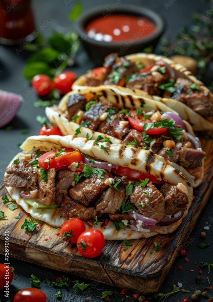 Delicious Greek gyros wrapped in pita bread. Shawarma, grilled pita on dark background. With fresh meat and vegetables. Delicious Greek gyros wrapped in pita bread. Shawarma, grilled pita on dark background. With fresh meat and vegetables.