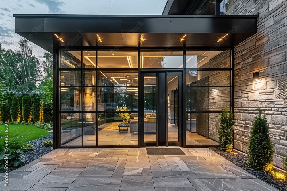 Glass front door that lets in a lot of light with side lighting and a dark wall section in a modern style Glass front door that lets in a lot of light with side lighting and a dark wall section in a modern style