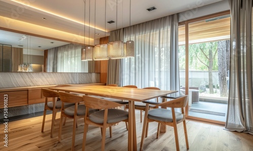 Luxury interior design of dining room with table and chairs. minimalist dining interior.