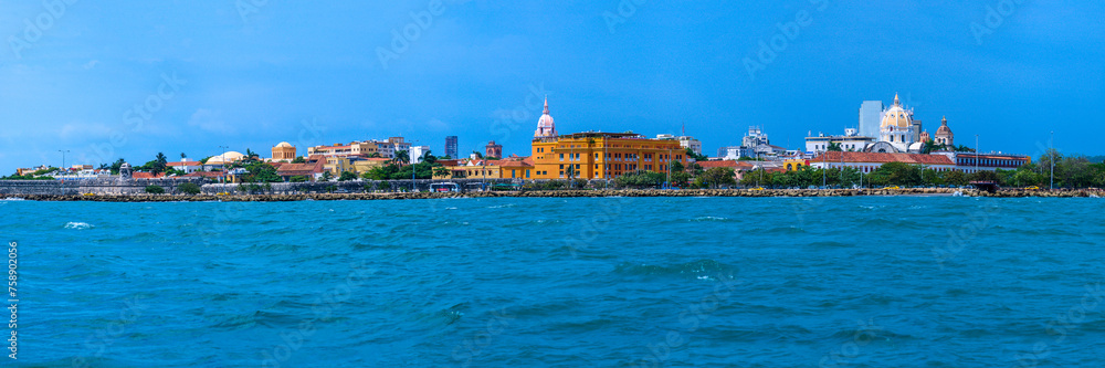 Panoramic view of the Historic Center of Cartagena Colombia from the Caribbean Sea