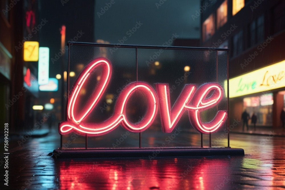 Slogan love neon light sign text effect on a rainy night street, horizontal composition Slogan love neon light sign text effect on a rainy night street, horizontal composition