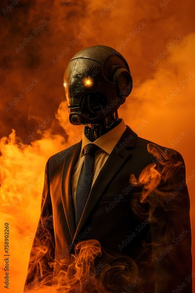 An artistic depiction of a humanoid robot dressed in a business suit set against a dramatic backdrop of flames and smoke An artistic depiction of a humanoid robot dressed in a business suit set against a dramatic backdrop of flames and smoke