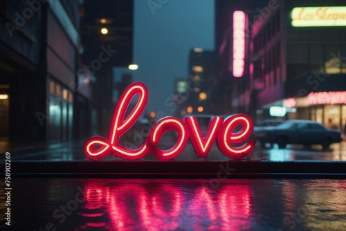 Slogan love neon light sign text effect on a rainy night street, horizontal composition