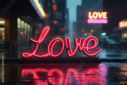 Slogan love neon light sign text effect on a rainy night street, horizontal composition