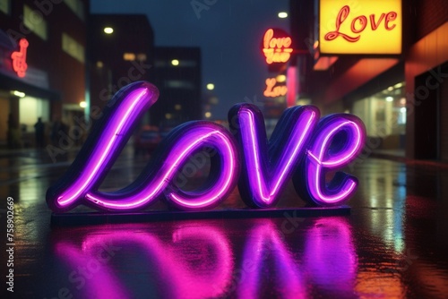 Slogan love neon light sign text effect on a rainy night street, horizontal composition