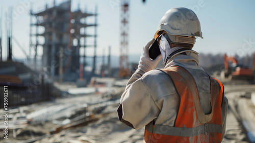 Building Connections: Worker Engaged in Site Communication Amidst Progress