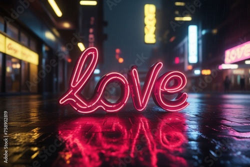 Slogan love neon light sign text effect on a rainy night street, horizontal composition